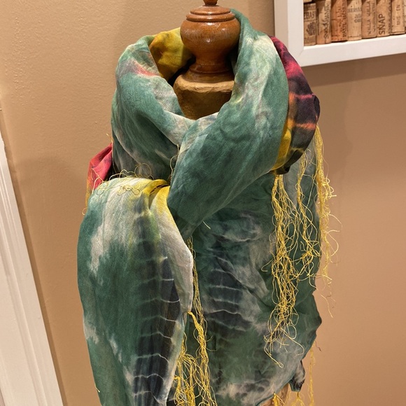 Elizabeth Gillett Riley Cotton Multi Colored Scarf with Yellow Tassels - Picture 2 of 13